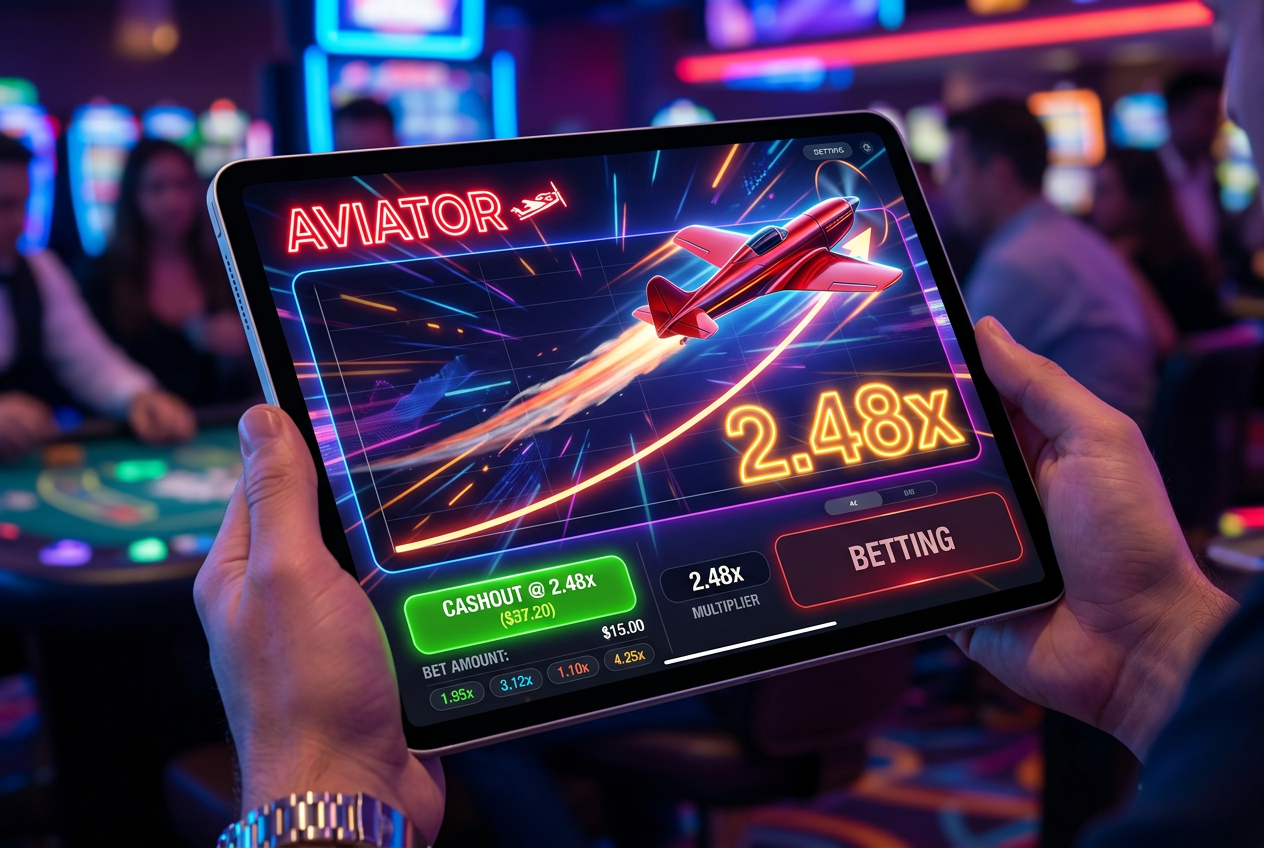 Gra typu crash Aviator na ekranie tabletu z rosnącym mnożnikiem