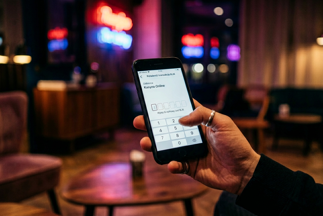 Osoba potwierdzająca transakcję 10 PLN BLIK w aplikacji bankowej na smartfonie