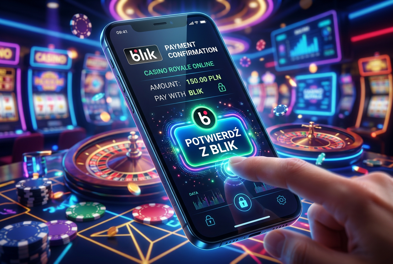 Interfejs płatności BLIK w aplikacji mobilnej obok strony kasyna online