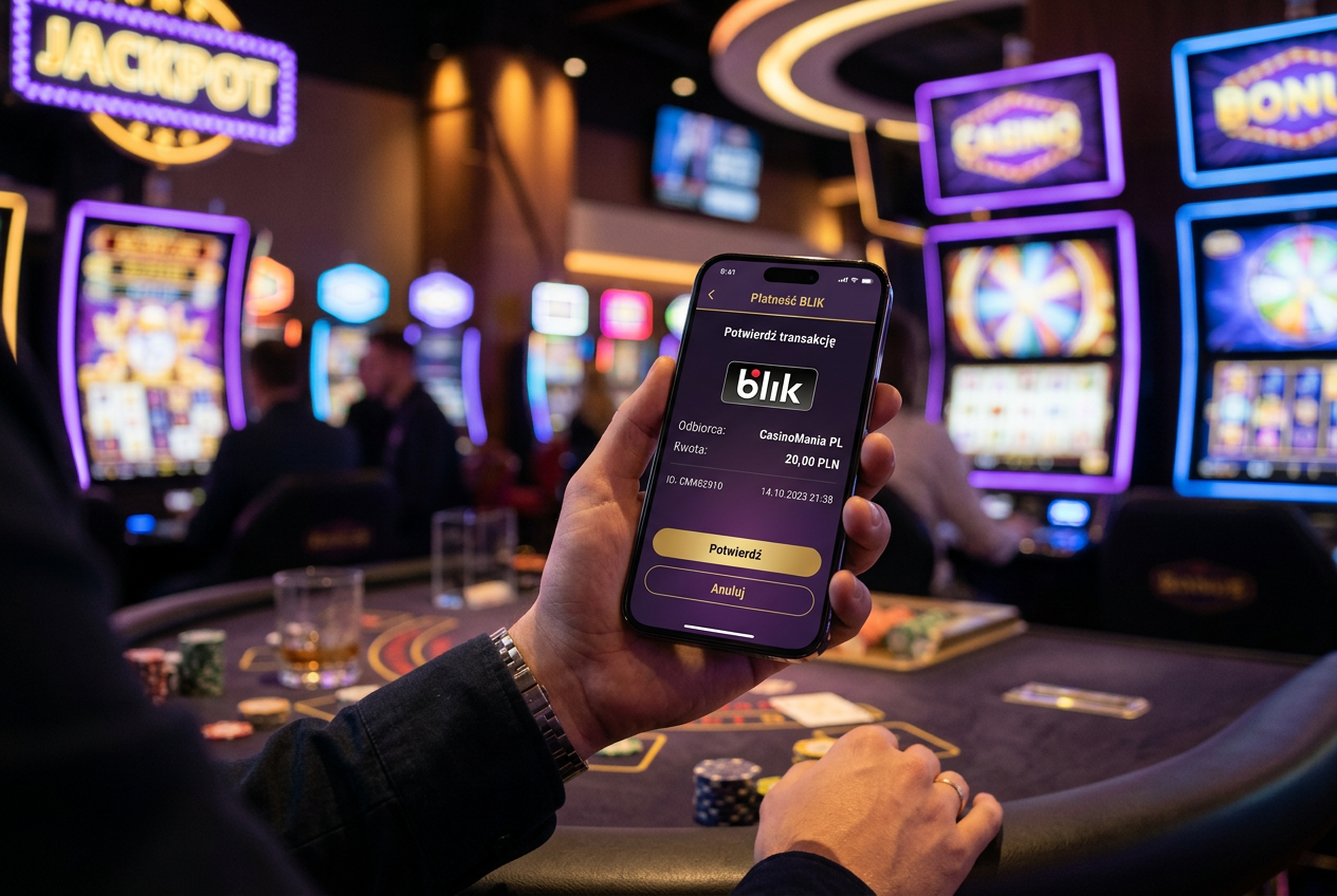 Smartfon z aplikacją bankową i logiem BLIK na tle grafiki kasynowej