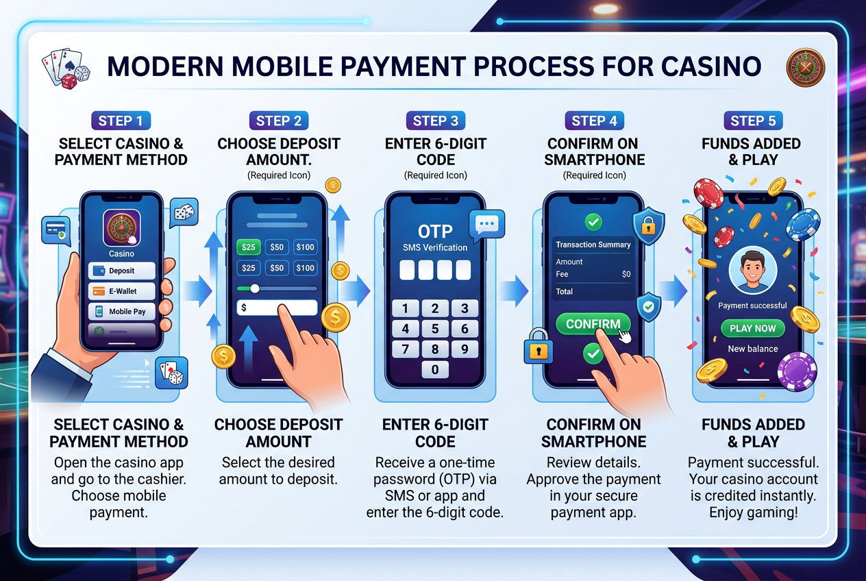 Infografika przedstawiająca kroki płatności mobilnej BLIK w kasynie online