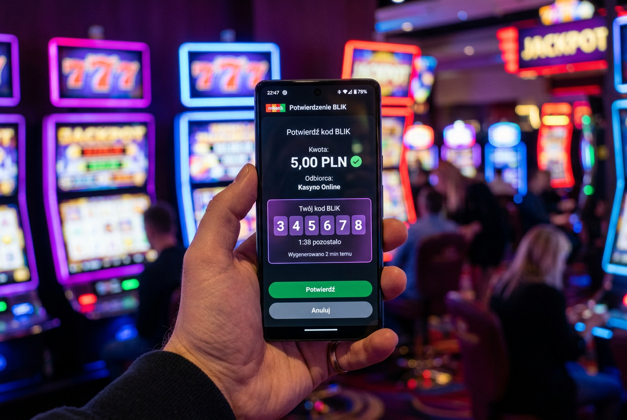 Osoba korzystająca z aplikacji bankowej BLIK do zasilenia konta w kasynie online