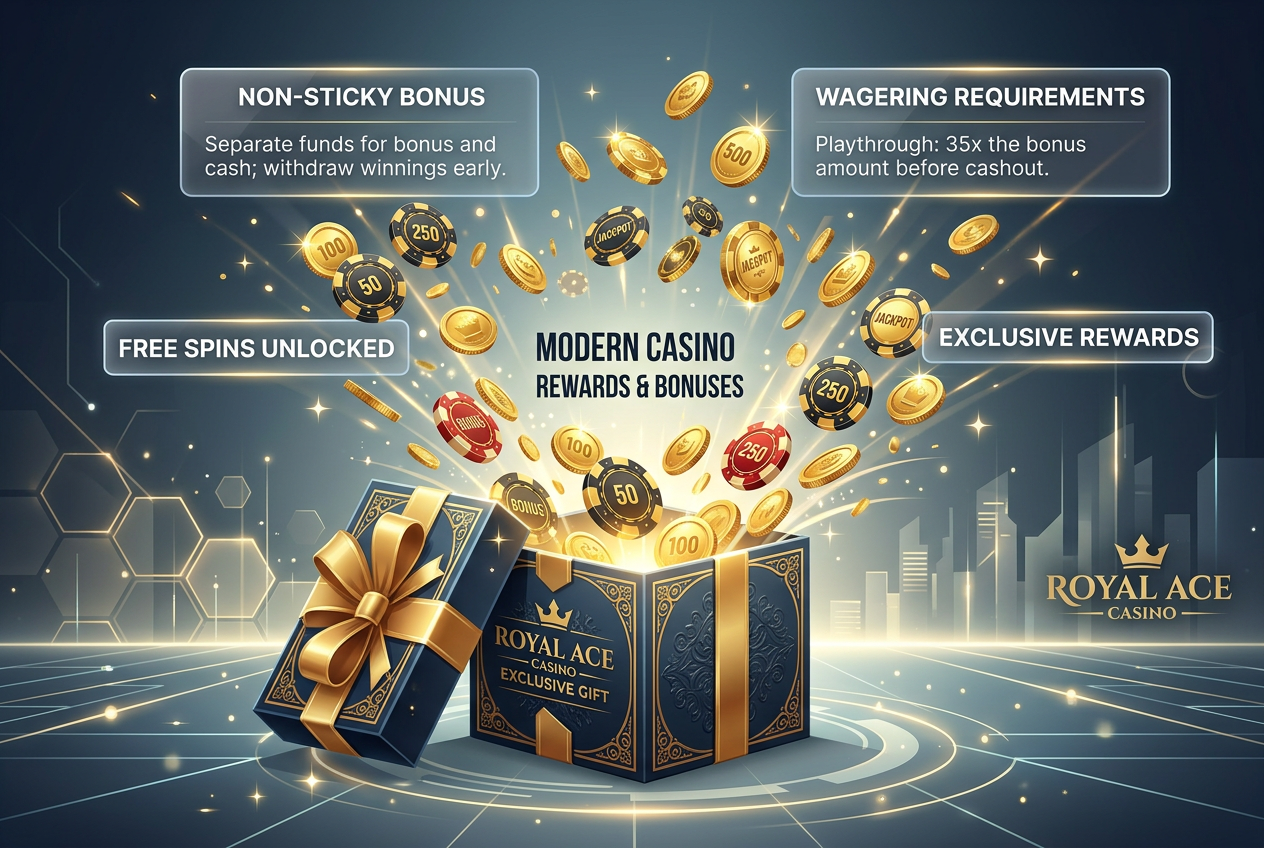 Infografika przedstawiająca mechanizmy bonusów kasynowych non-sticky i wagering