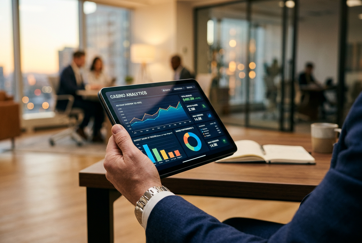 Ekspert analizujący dane kasynowe na tablecie w profesjonalnym biurze