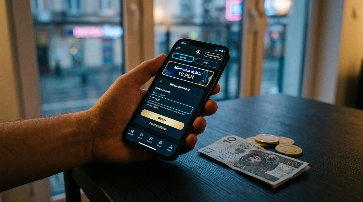 Smartfon z aplikacją kasynową i banknotem 10 PLN symbolizujący niskie depozyty