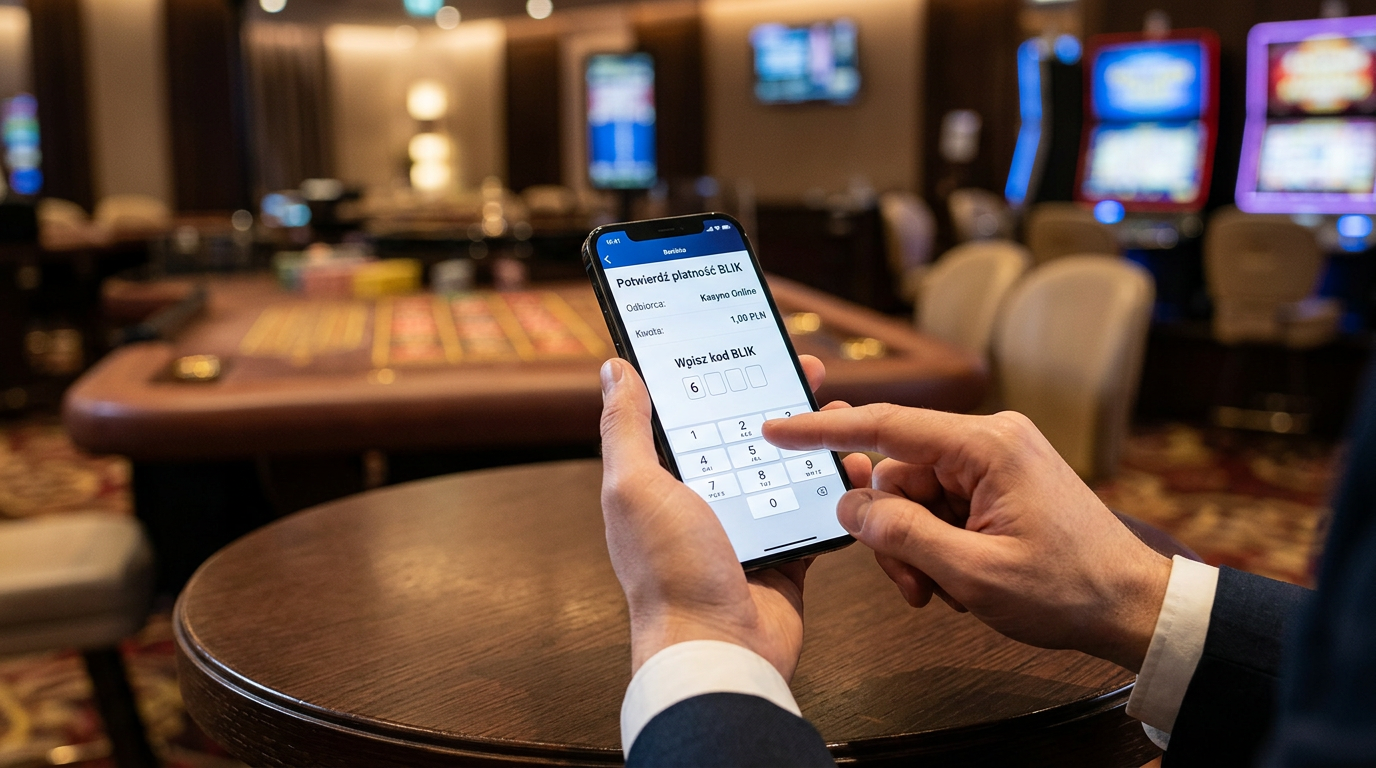 Smartfon z kodem BLIK na luksusowym tle kasyna online