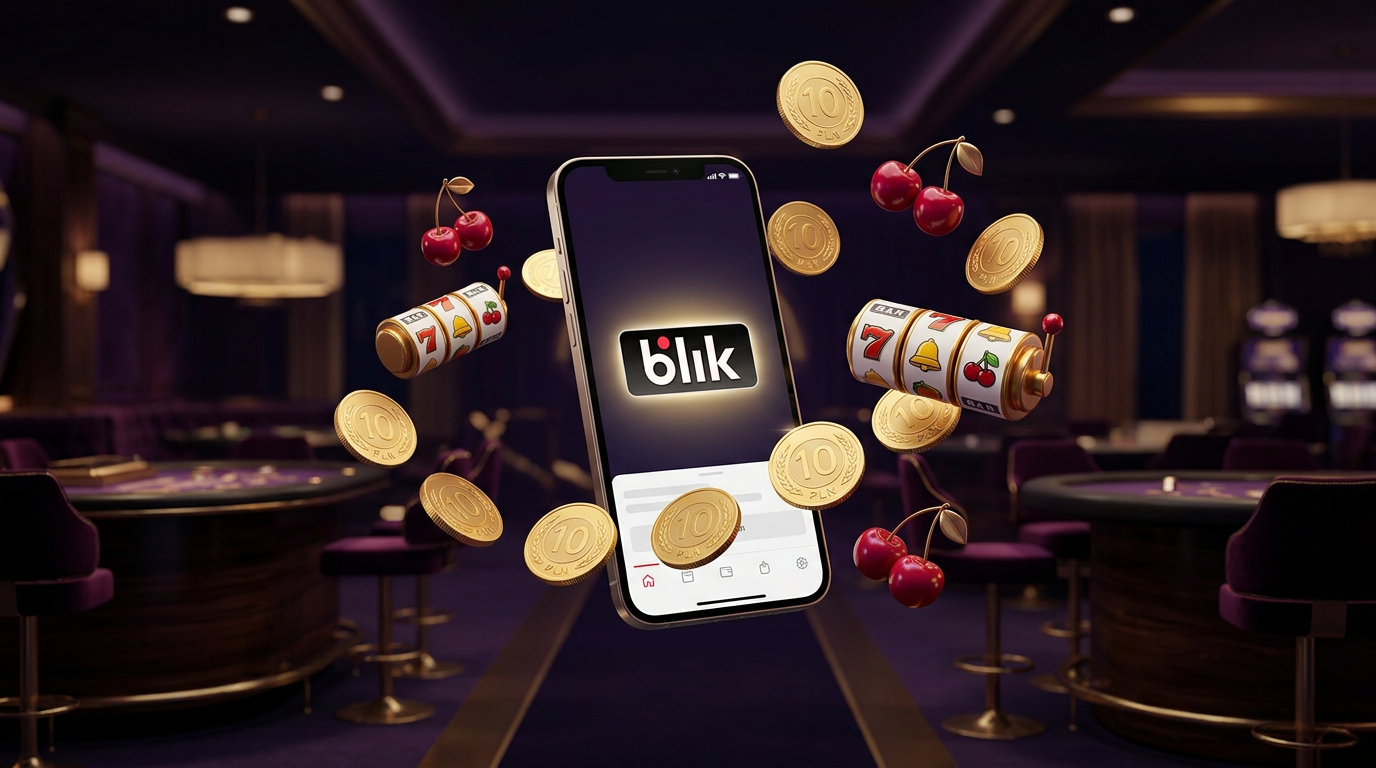Nowoczesny smartfon z logo BLIK i monetami 10 PLN na tle cyfrowego kasyna.