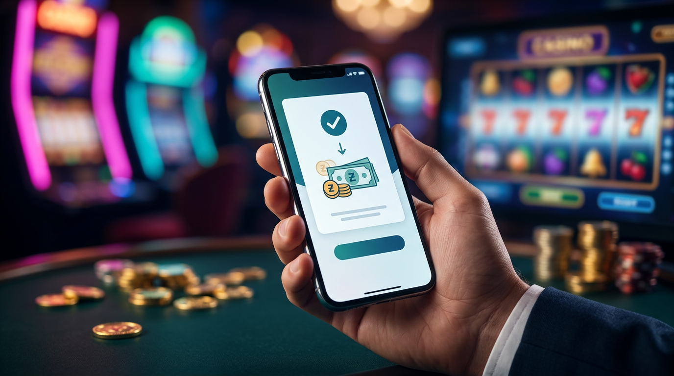 Smartfon z aplikacją BLIK i wpłatą 20 PLN na tle kasyna online