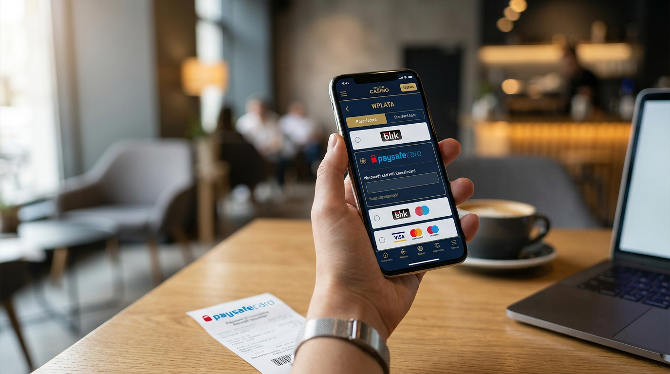 Złoty kupon Paysafecard unoszący się nad smartfonem z aplikacją kasyna