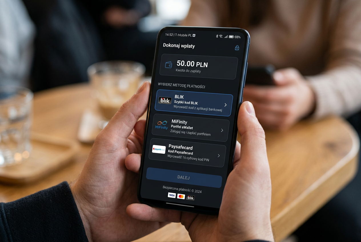Interfejs płatności mobilnych w kasynie online pokazujący opcje BLIK i MiFinity