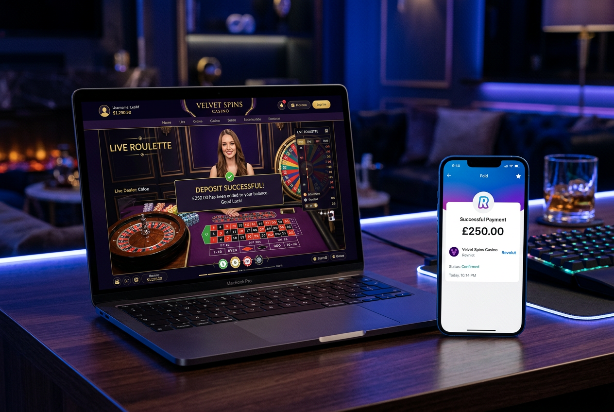 Aplikacja mobilna Revolut wyświetlająca powiadomienie o płatności obok interfejsu kasyna na laptopie