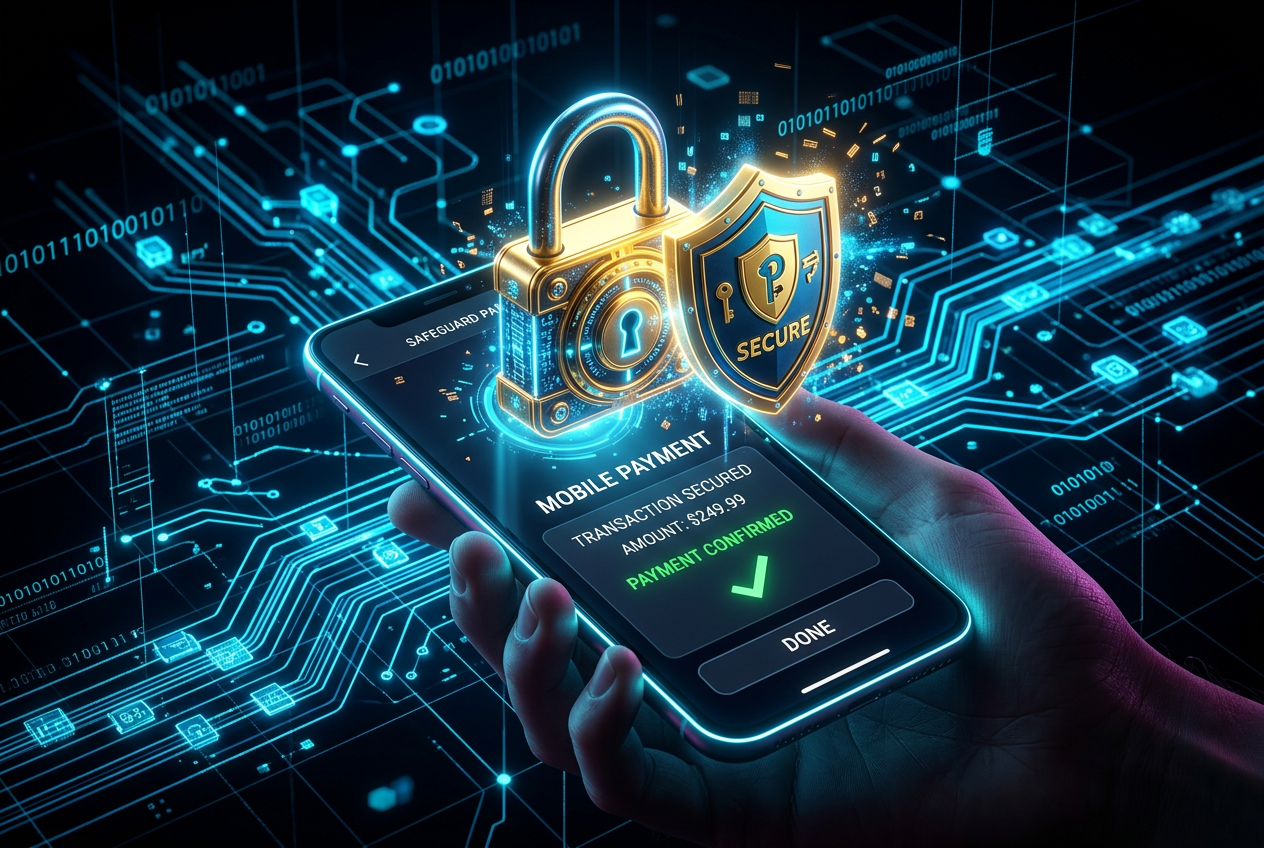 Bezpieczne płatności symbol kłódka i tarcza nad ikoną mobilnego portfela