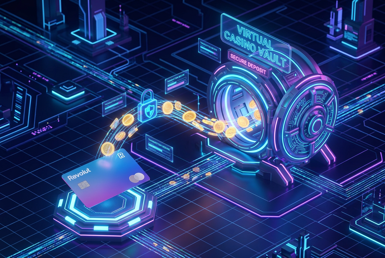 Abstrakcyjna wizualizacja bezpiecznego transferu pieniędzy między kartą Revolut a cyfrowym sejfem kasyna