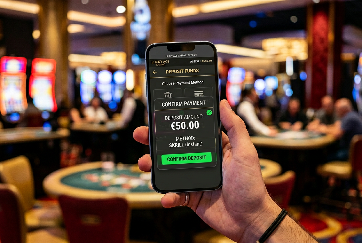 Interfejs płatności Skrill w kasynie online na ekranie smartfona